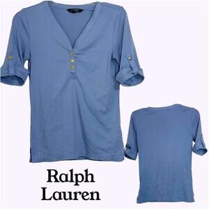 LAUREN RALPH LAUREN Womens Blue SP V-Neck Henley Roll-Tab Top Casual Chic